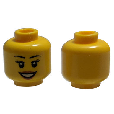 Minifigure, Head Female Black Eyebrows, Peach Lips Open Smile Pattern - Hollow Stud