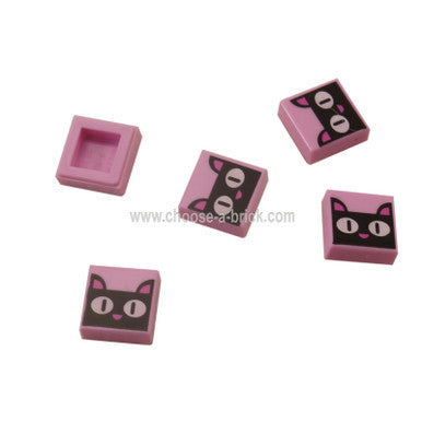 Bright Pink Tile 1 x 1 with Groove with Black Cat Head-Face, White Eyes and Dark Pink Ears and Nose Pattern