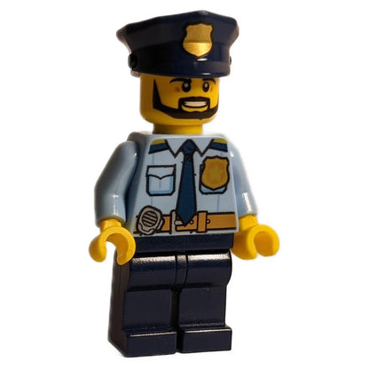 Police - City Shirt with Dark Blue Tie and Gold Badge, Dark Tan Belt with Radio, Dark Blue Legs, Police Hat with Gold Badge, Head Beard Black Angular