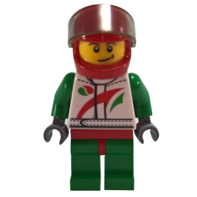 Race Car Driver, White Race Suit with Octan Logo, Red Helmet with Trans-Black Visor, Crooked Smile with Black Dimple