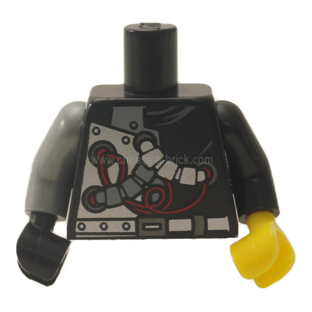 Black Torso Ninjago with Red Wires and Mechanical Parts Pattern - Black Arm Left - Flat Silver Arm Right - Yellow Hand Left - Black Hand Right