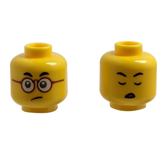 Minifigure, Head Dual Sided Small Black Eyebrows, Dark Red Glasses, Sad / Eyes Closed Pattern - Hollow Stud