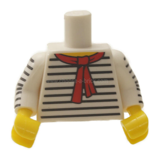 White Torso Black Thin Stripes, Red Scarf Front and Back Pattern - White Arms with Black Thin Stripes Pattern - Yellow Hands