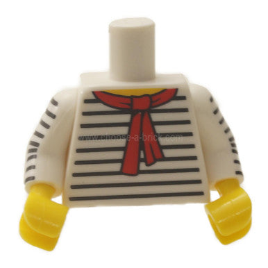 White Torso Black Thin Stripes, Red Scarf Front and Back Pattern - White Arms with Black Thin Stripes Pattern - Yellow Hands