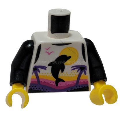 White Torso Female Wetsuit with Yellow Sun, Black Dolphin, Dark Purple Palm Trees, Dark Pink Logo on Back Pattern - Black Arms - Yellow Hands