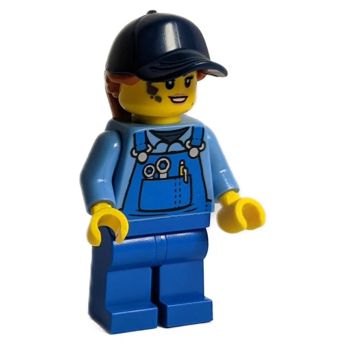 Mechanic - Female, Medium Blue Shirt and Blue Overalls, Blue Legs, Dark Blue Cap with Dark Orange Po