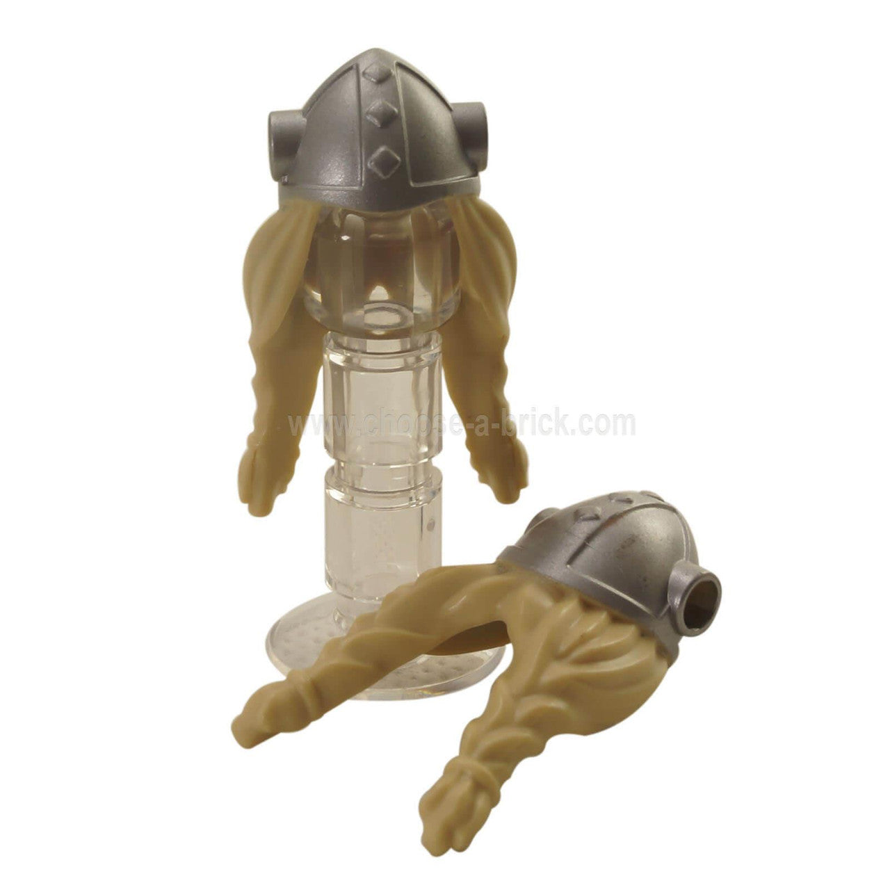 Minifigure, Hair Long with Metallic Silver Viking Helmet with Side Holes Pattern