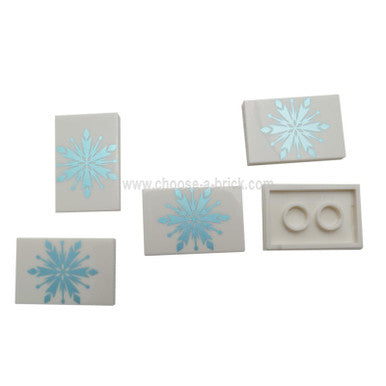 White Tile 2 x 3 with Metallic Blue Snowflake Pattern