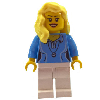 Medium Blue Female Shirt with Two Buttons and Shell Pendant, White Legs, Bright Light Yellow Female Hair over Shoulder