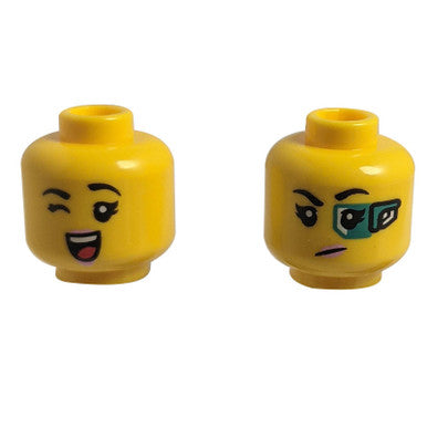 Minifigure, Head Dual Sided Female, Black Eyebrows, Pink Lips, Wink, Open Smile / Green Eyepiece, D