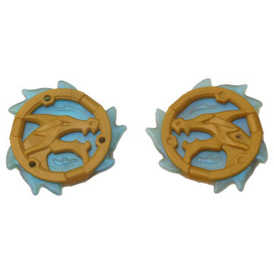 2 NEW LEGO Pearl Gold Ring 3 x 3 with Dragon Head and Satin Trans-Light Blue Flames Pattern Ninjago Wave Amulet