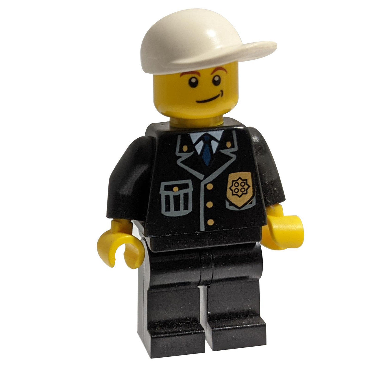 Police - City Suit with Blue Tie and Badge, Black Legs, White Short Bill Cap, Crooked Smile