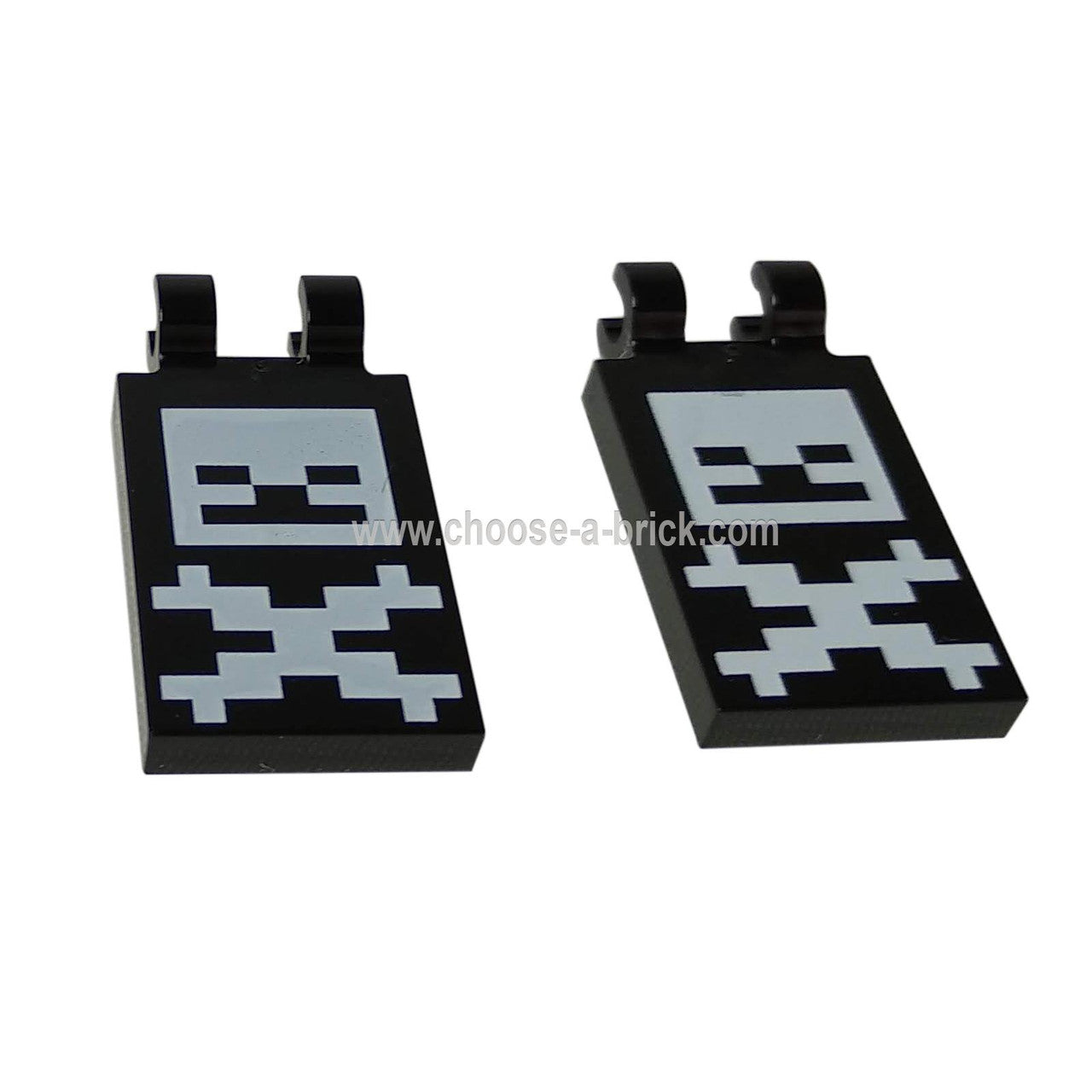 LEGO Parts - Black Tile, Modified 2 x 3 with 2 Clips with Pixelated Skull and Crossbones Minecraft Pattern