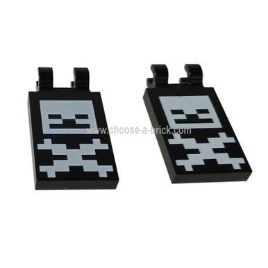 Black Tile, Modified 2 x 3 with 2 Clips with Pixelated Skull and Crossbones Minecraft Pattern