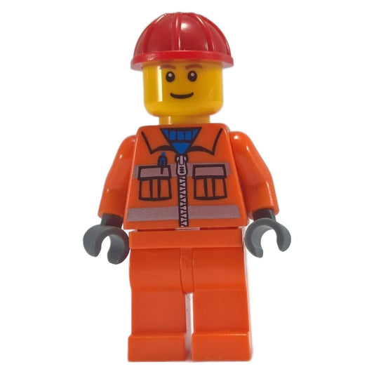 Construction Worker - Orange Zipper, Safety Stripes, Orange Arms, Orange Legs, Red Construction Helmet, Brown Eyebrows, Thin Grin