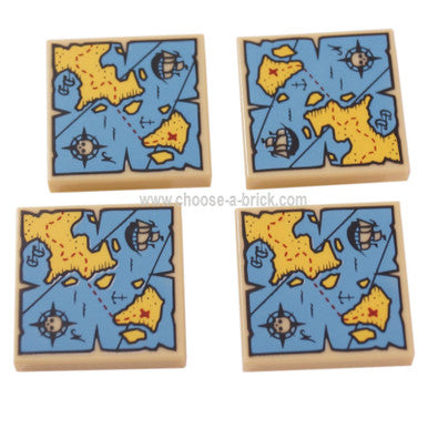 Tile 2 x 2 with Map with Red 'X' and Blue and Yellow Pattern