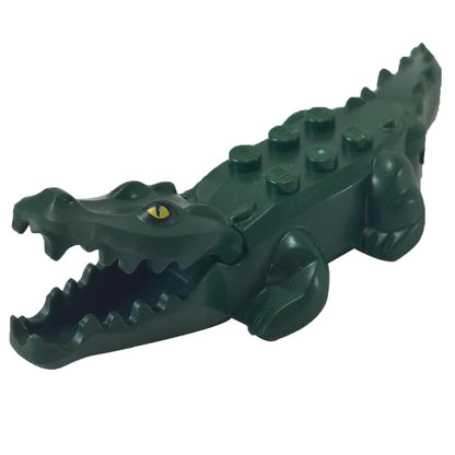 Dark Green Alligator - Crocodile with 20 Teeth with Yellow Eyes Pattern - Complete Assembly with Blue Technic, Pin 1-2