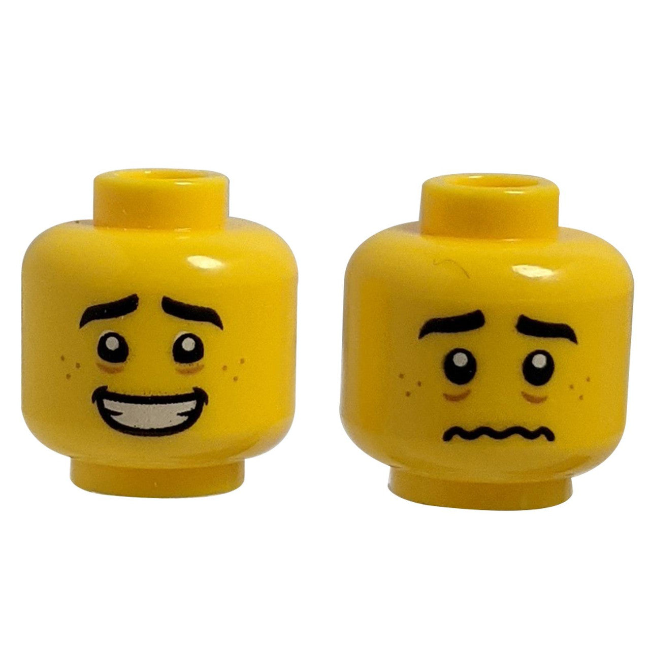 Minifigure, Head Dual Sided, Black Eyebrows, Medium Nougat Freckles, Open Mouth Smile / Scared Worr