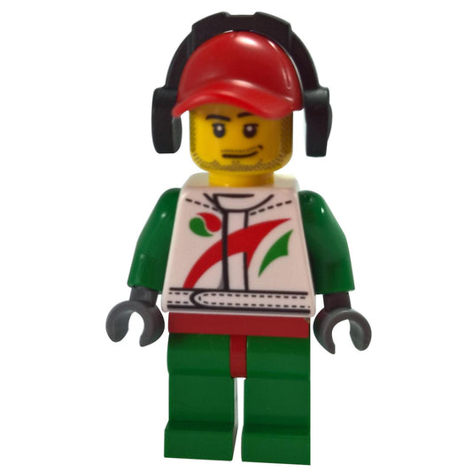 Race Car Mechanic, White Race Suit with Octan Logo, Red Cap with Hole, Headphones, Smirk and Stubble Beard