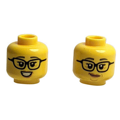 Minifigure, Head Dual Sided Female Black Glasses, Dark Bluish Gray Eyebrows, Medium Nougat Lips and