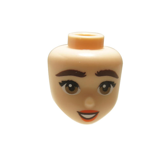 Light Nougat Mini Doll, Head Friends with Dark Brown Bushy Eyebrows, Black Eyelashes, Dark Tan Eyes, Reddish Orange Lips, Open Mouth Smile with Teeth Pattern