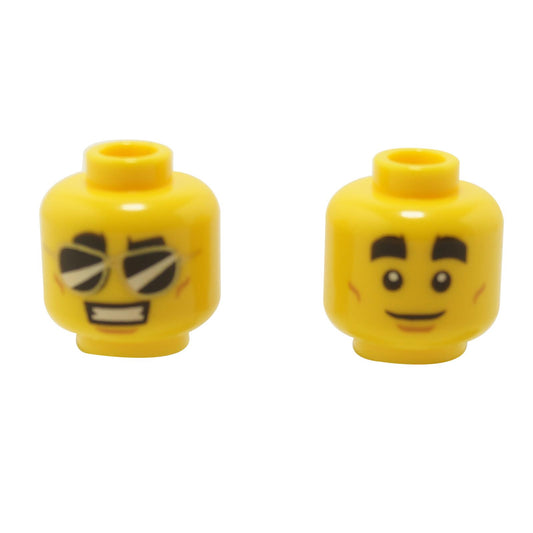 Minifigure, Head Dual Sided Thick Black Eyebrows, Black Sunglasses, Smile with Teeth / White Pupils