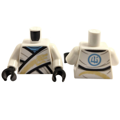 White Torso Ninjago Wrapped Robe with Bright Light Blue Neck Ruffle, Black Hems, Gold Dragon Pattern