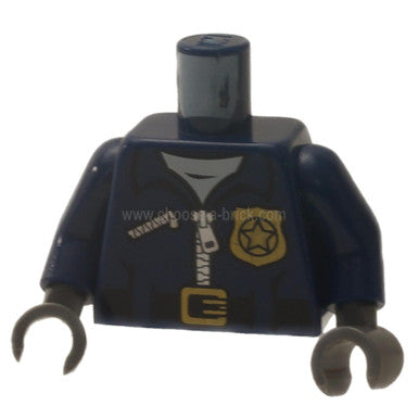 Dark Blue Torso Police Jacket with White Undershirt, Zippers, Gold Badge and Buckle with 'POLICE' Pattern on Back - Dark Blue Arms - Dark Bluish Gray Hands