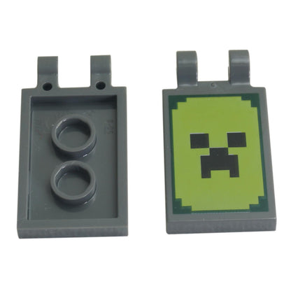 Tile, Modified 2 x 3 with 2 Clips with Black Pixelated Face on Lime and Green Background Pattern (Minecraft)