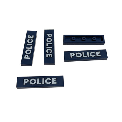 Dark Blue Tile 1 x 4 with White 'POLICE' and Black Outline Pattern