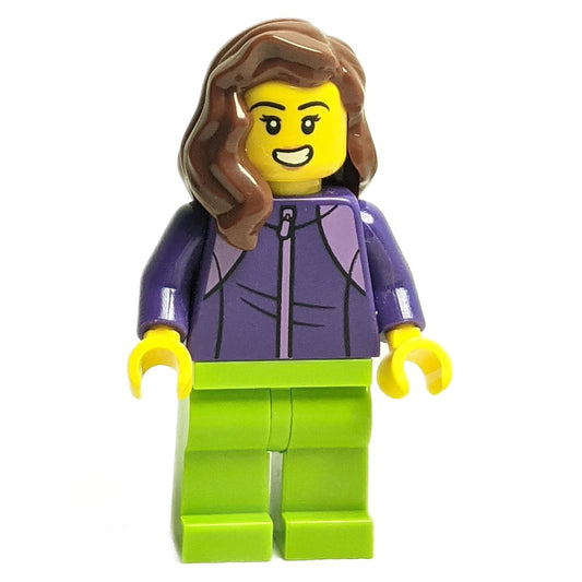 LEGOLAND Park Female with Reddish Brown Mid-Length Hair, Dark Purple Tracksuit, Lime Legs