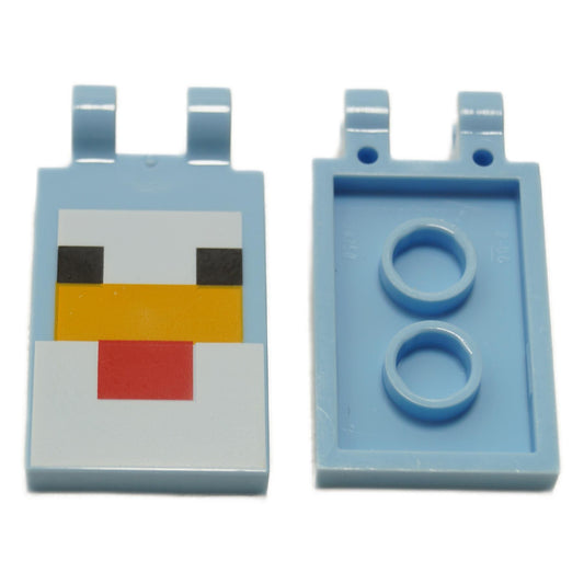 Bright Light Blue Tile, Modified 2 x 3 with 2 Clips with Minecraft Chicken Pattern