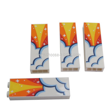 White Brick 1 x 2 x 5 with Red, Orange and Yellow Sky, Clouds and White Stars Pattern