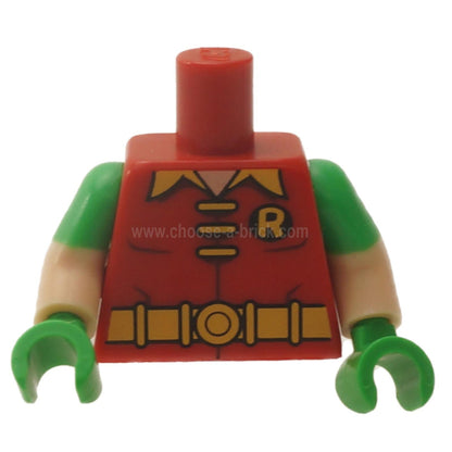 Red Torso Batman 'R' Symbol, 3 Yellow Clasps and Collar and Belt Pattern - Light Flesh Arms with Bright Green Short Sleeves Pattern - Bright Green Hands