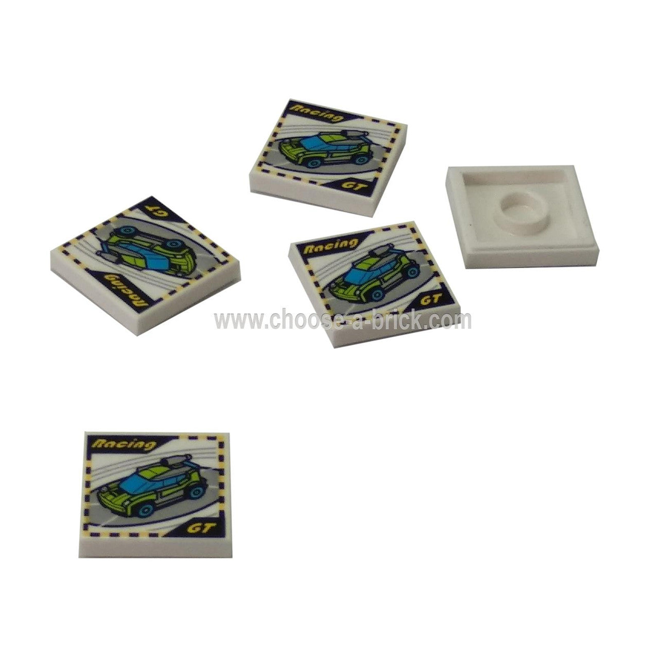 White Tile 2 x 2 with 'Racing', 'GT' and Race Car Video Game Pattern - LEGO Part and Pieces