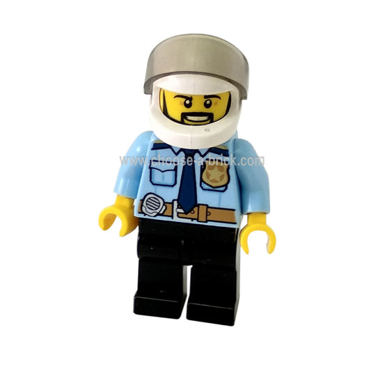 Police - City Officer Shirt with Dark Blue Tie and Gold Badge, Dark Tan Belt with Radio, Dark Blue Legs, White Helmet, Black Beard - LEGO Minifigure City