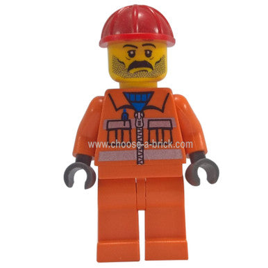 Construction Worker - Orange Zipper, Safety Stripes, Orange Arms, Orange Legs, Red Construction Helmet, Moustache and Stubble