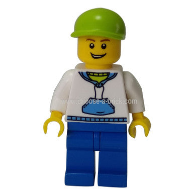 White Hoodie with Blue Pockets, Blue Legs, Lime Short Bill Cap