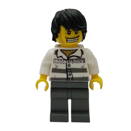 Mountain Police - Jail Prisoner 86753 Prison Stripes, Black Tousled Hair - LEGO Minifigure City