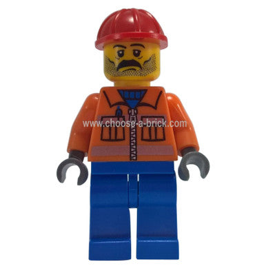 Trabajador de Construcción - Cremallera Naranja, Rayas de Seguridad, Brazos Naranjas, Piernas Azules, Casco de Construcción Rojo, Barba de Tres Días 