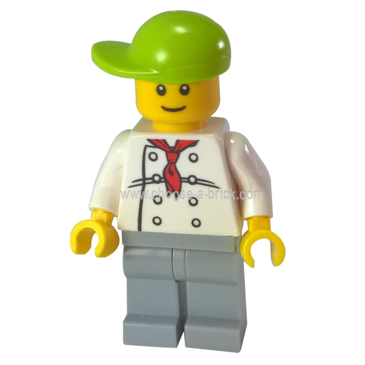 chef-white-torso-with-8-buttons-light-bluish-gray-legs-lime-short-bill-cap-fire-station-hot-dog-vendor