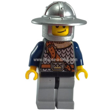 LEGO Minifigure Fantasy Era - Crown Knight Scale Mail with Chest Strap, Helmet with Broad Brim, Crooked Smile - cas406, different angle.