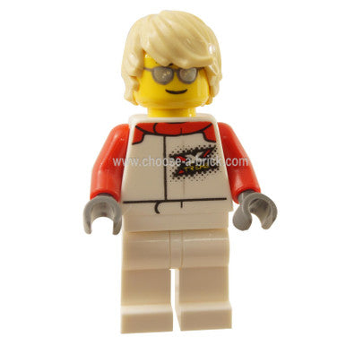 Female, White and Red Jumpsuit with 'XTREME' Logo, Tan Tousled Hair, Sunglasses and Closed Mouth Grin