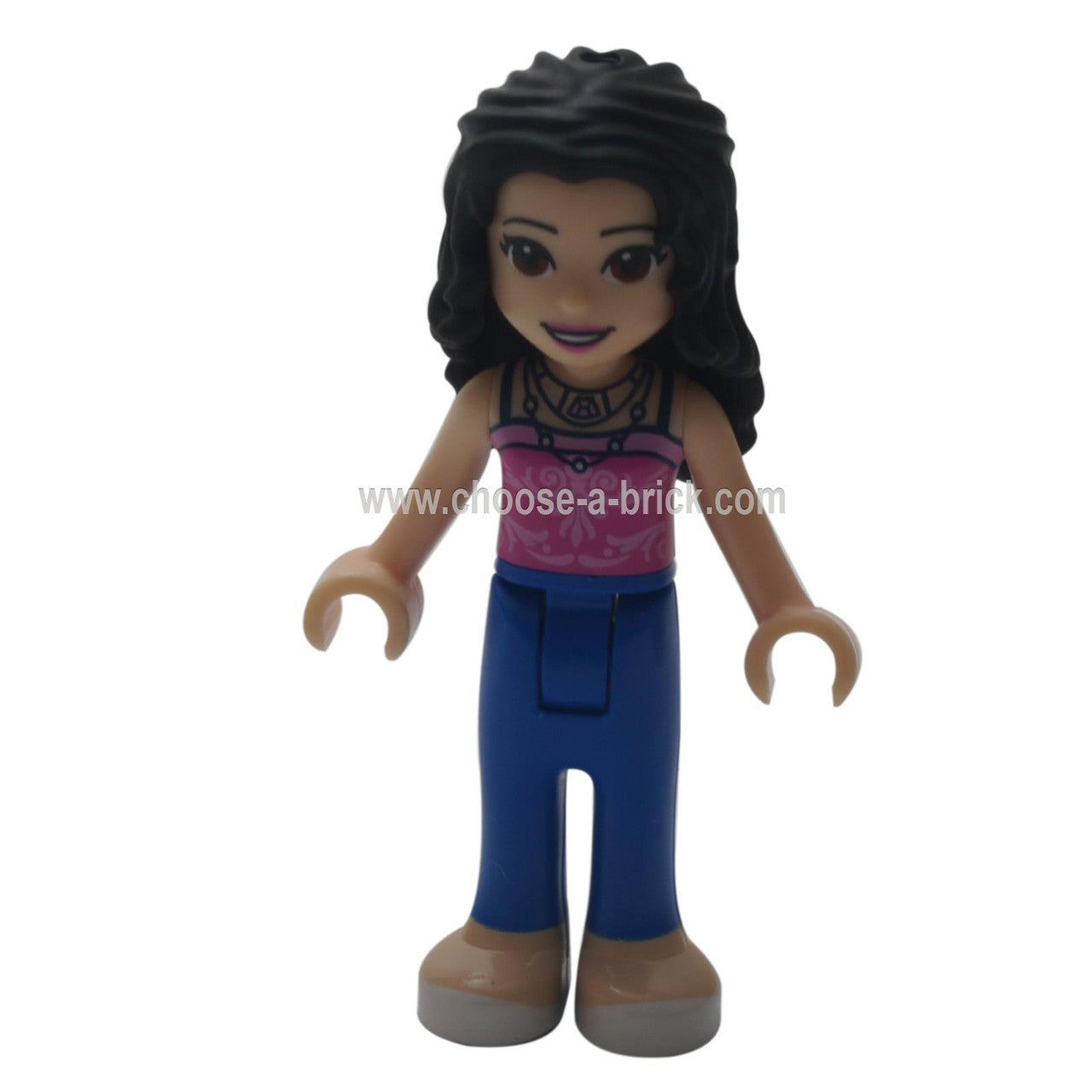 LEGO Minifigure Friends -  Friends Emma, Blue Trousers, Dark Pink Top with Bright Pink Filigree, 2 Necklaces