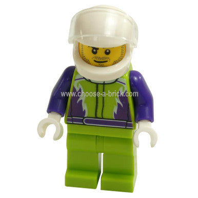 Monster Truck Driver, Lime Legs and Jacket with Purple Flames and Arms, White Helmet