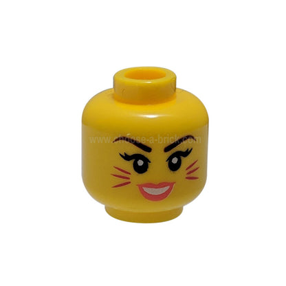 Minifigure, Head Dual Sided Female, Reddish Brown Eyebrows, Magenta Cat Whiskers, Coral Lips, Smiling / Singing with Closed Eyes Pattern - Hollow Stud