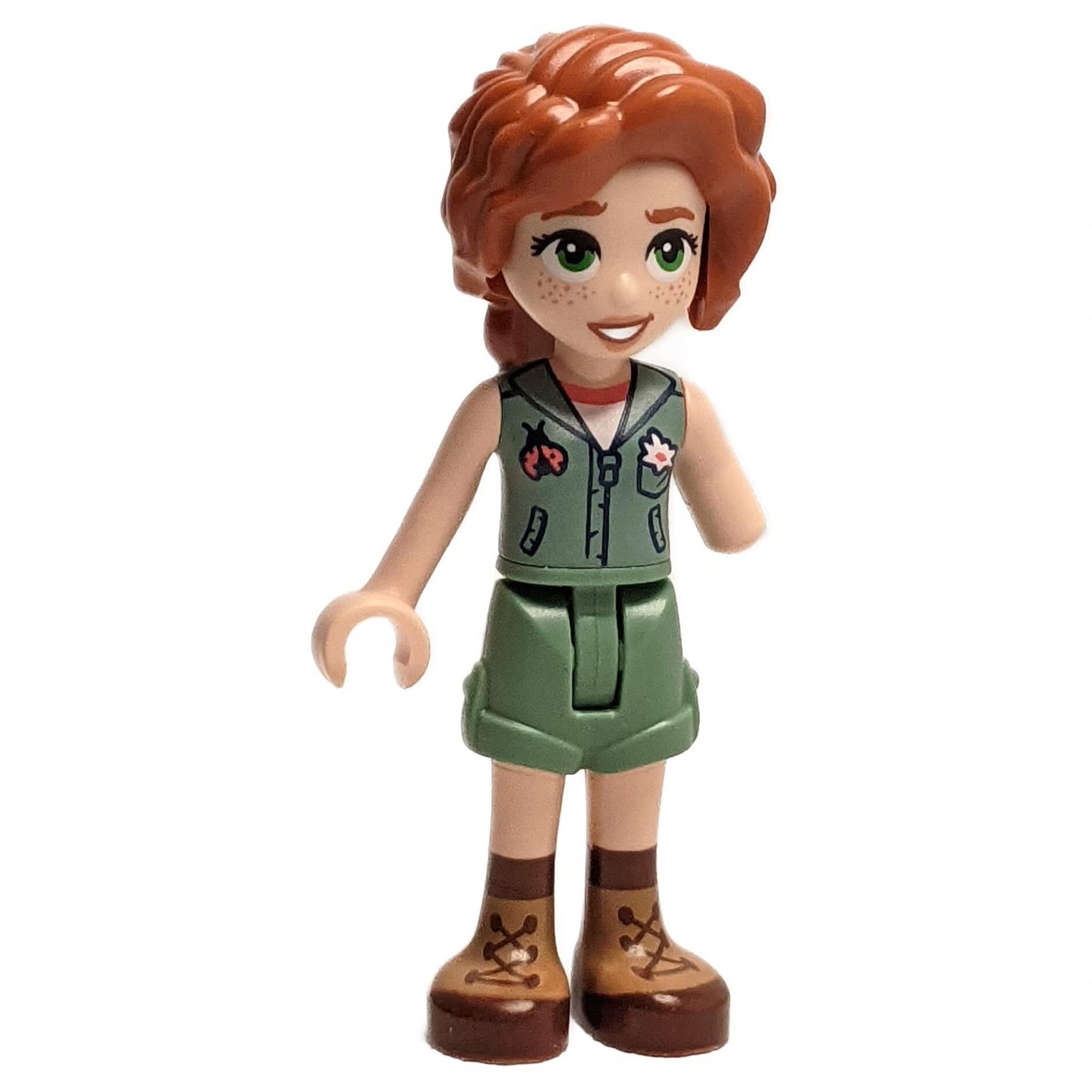 Friends Autumn - Sand Green Vest over White Shirt, Sand Green Shorts, Nougat and Reddish Brown Boots