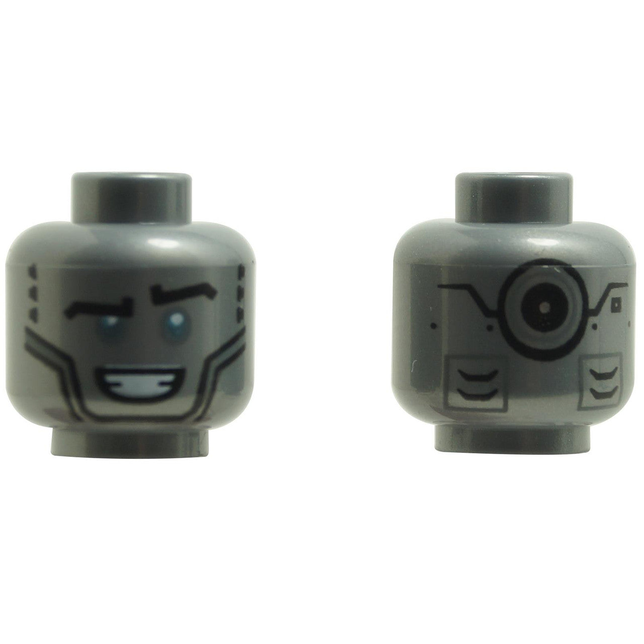 Minifigure, Head Alien Robot Black Eyebrows, Metallic Light Blue Eyes, Open Mouth Smile, and Black