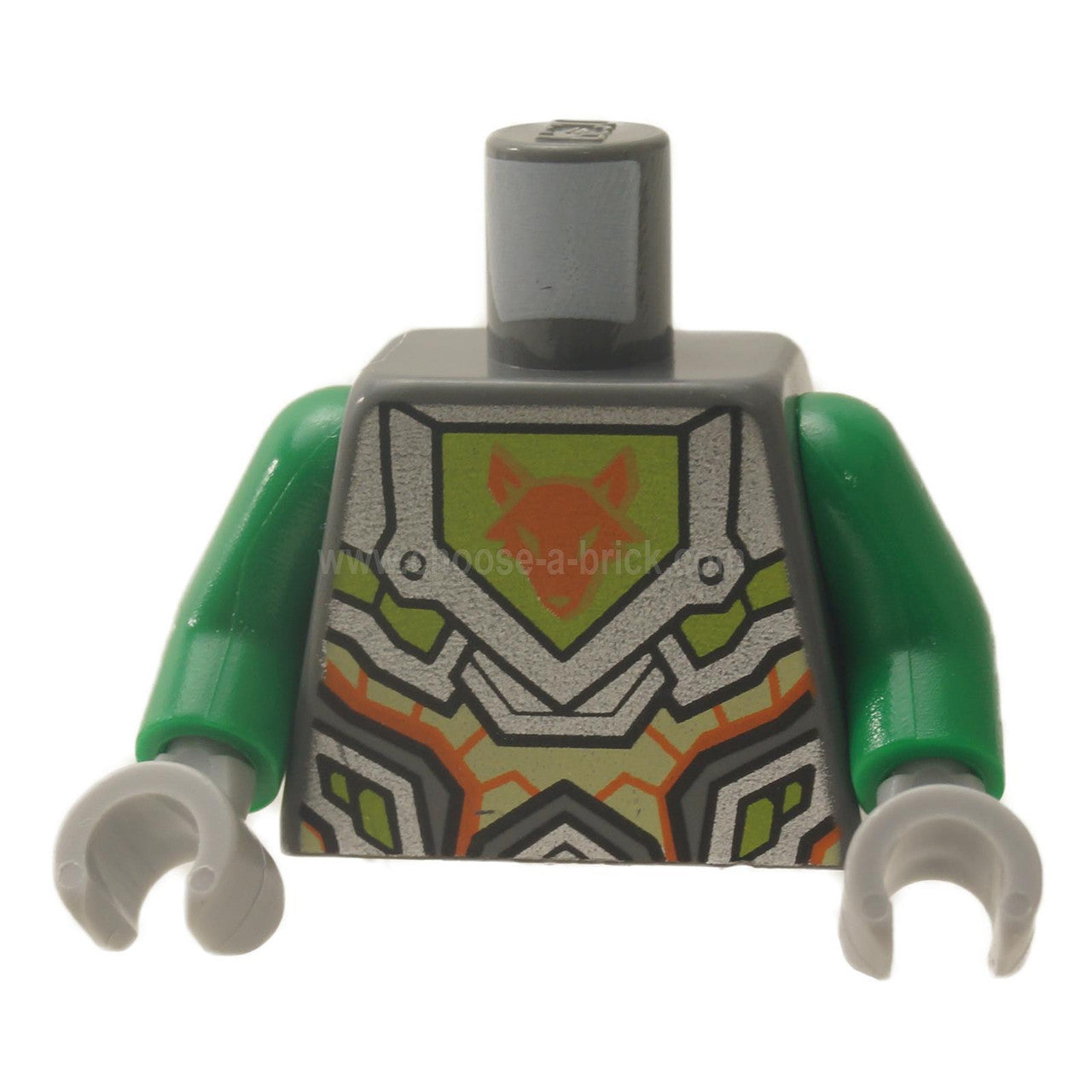 Dark Bluish Gray Torso Nexo Knights Armor with Orange and Gold Circuitry and Lime Emblem Framed with Orange Fox Head Pattern - Green Arms - Light Bluish Gray Hands