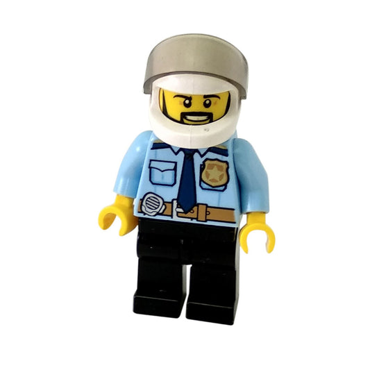 Police - City Officer Shirt with Dark Blue Tie and Gold Badge, Dark Tan Belt with Radio, Dark Blue Legs, White Helmet, Black Beard